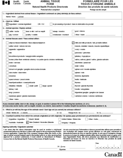 Sample of a Completed Animal Tissue Form