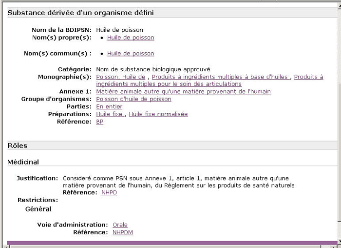 Figure 7 : Pr�sentation habituelle des donn�es pour une substance d�riv�e d'un organisme pour l'huile de poisson
